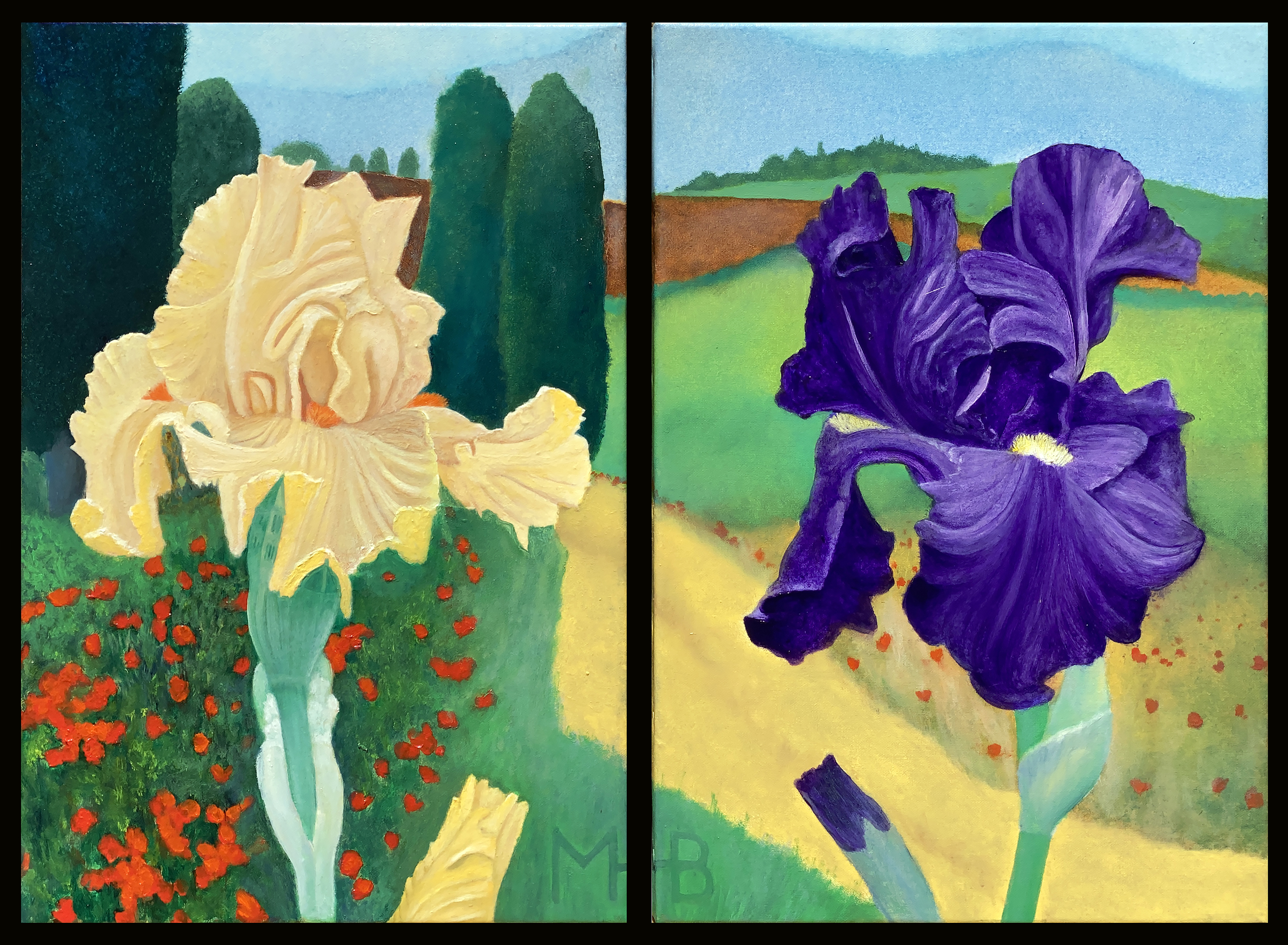 Irises for Claire oil painting diptych by Matthew Holden Bates