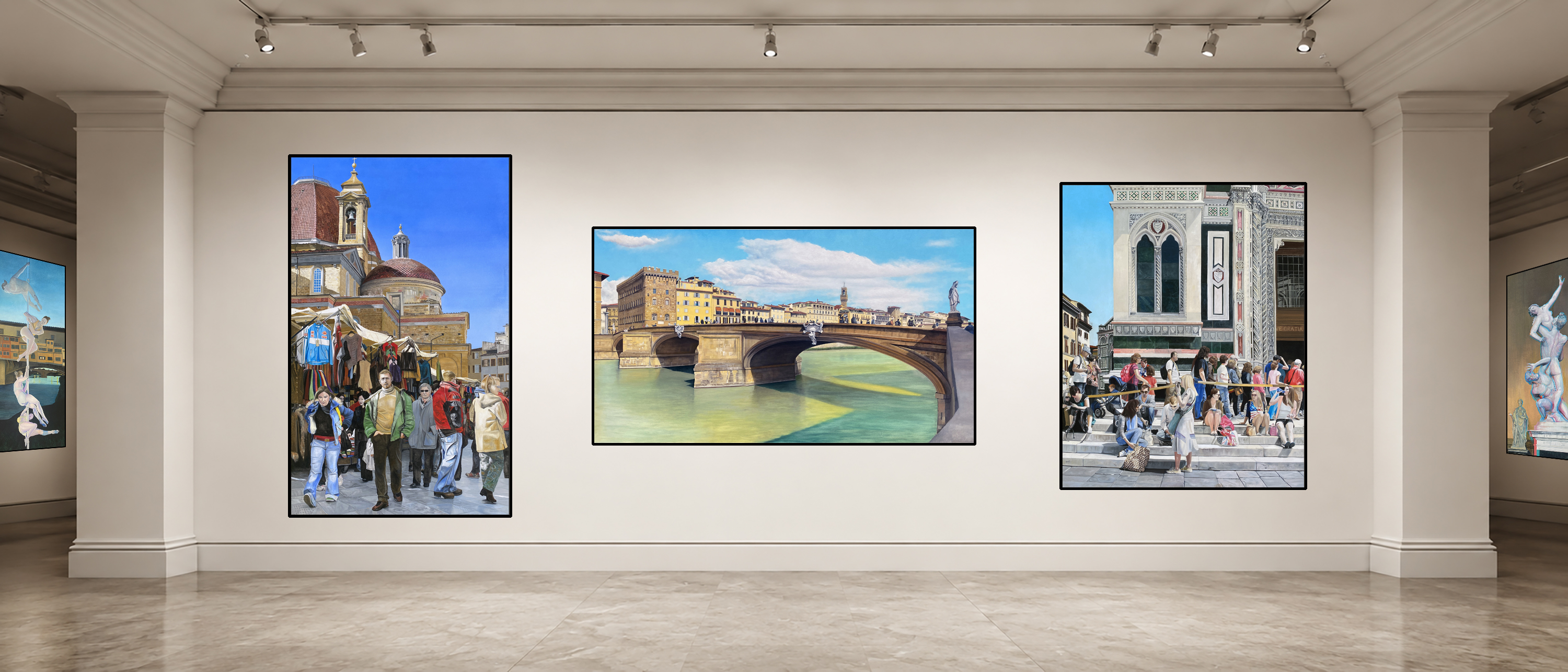 Original oil paintings by Matthew Holden Bates in a gallery setting