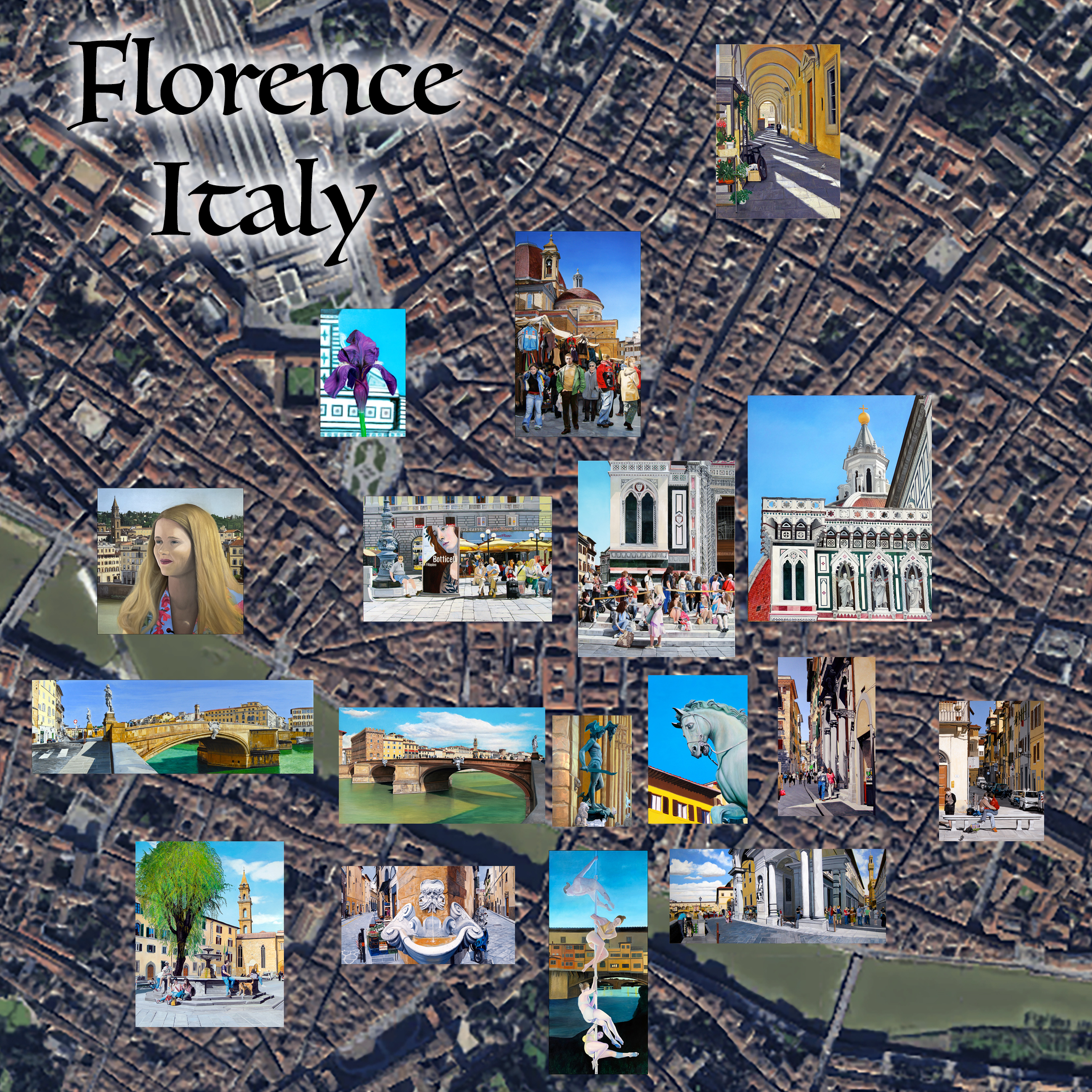 Map of Florence showing locations that inspired paintings by Matthew Holden Bates